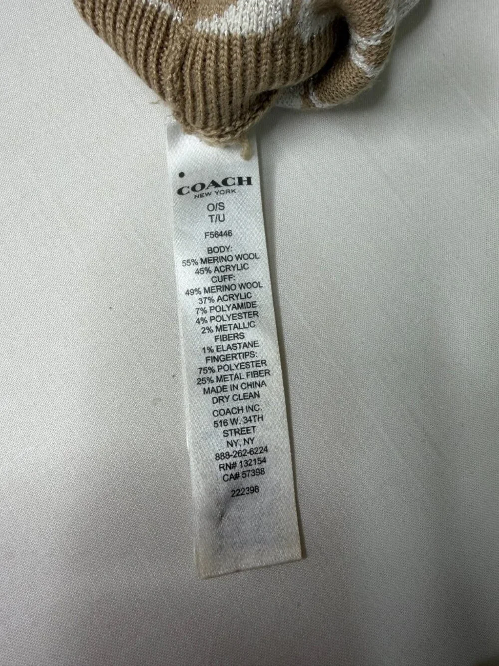 Coach Signature C Knit Merino Wool Gloves Tan Ivory Metallic O/S